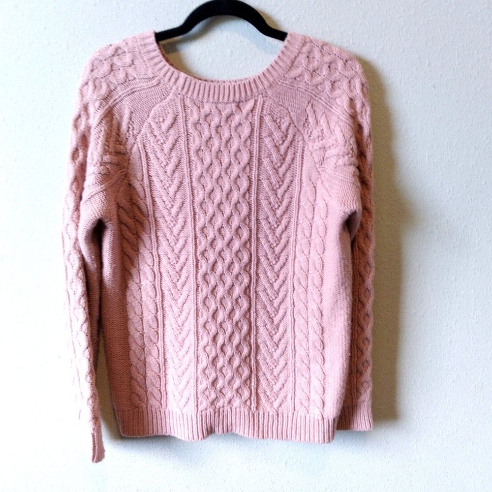Forever 21 Wool Blend Sweater Cable Knit Pink Solid Wool Long Sleeve Pullover L